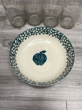 Folk Craft Brand - Ceramic Serving Bowl with Green Apple Motif - Cream and Green